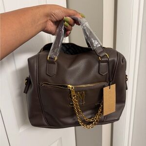 Brown Leather Handbag with Gold Accents